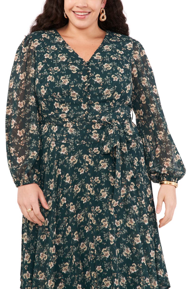 Vince Camuto Floral Long Sleeve Handkerchief Hem Dress, Alternate, color, 