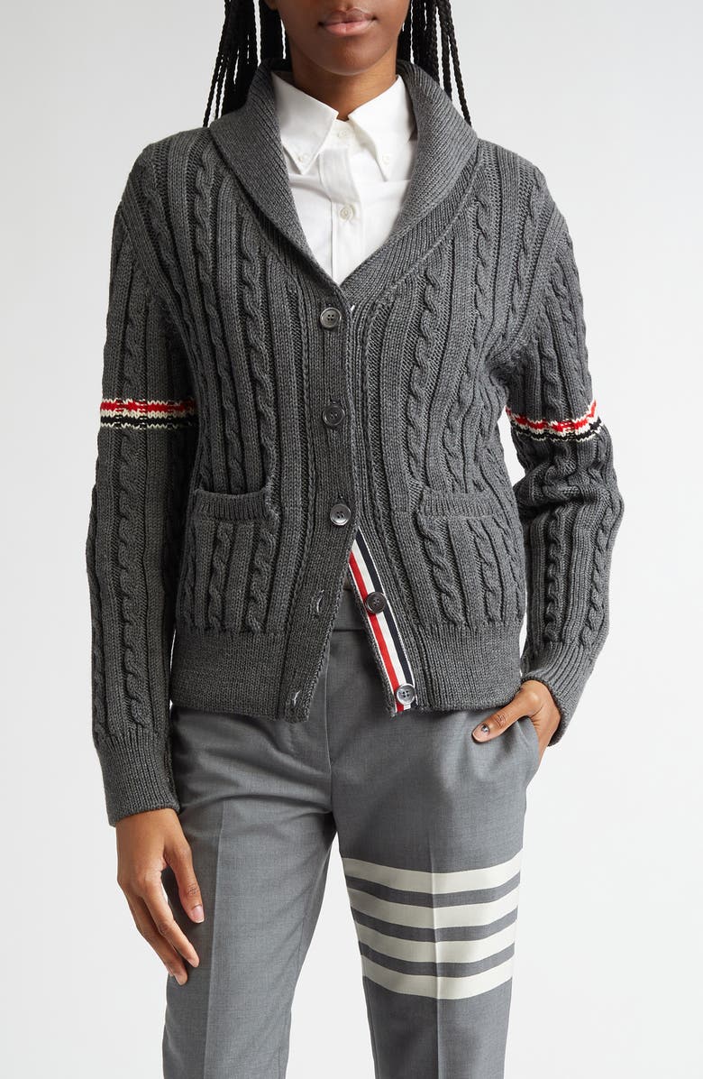 Thom Browne Shawl Collar Cable Knit Virgin Wool Cardigan, Main, color, Medium Grey