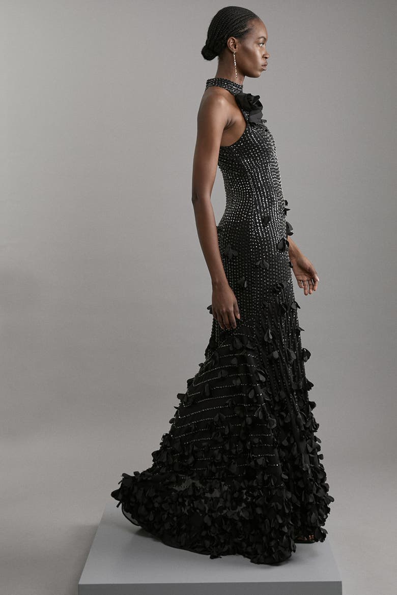 Crystal Rosette Halter-Neck Maxi Dress, Alternate, color, Black