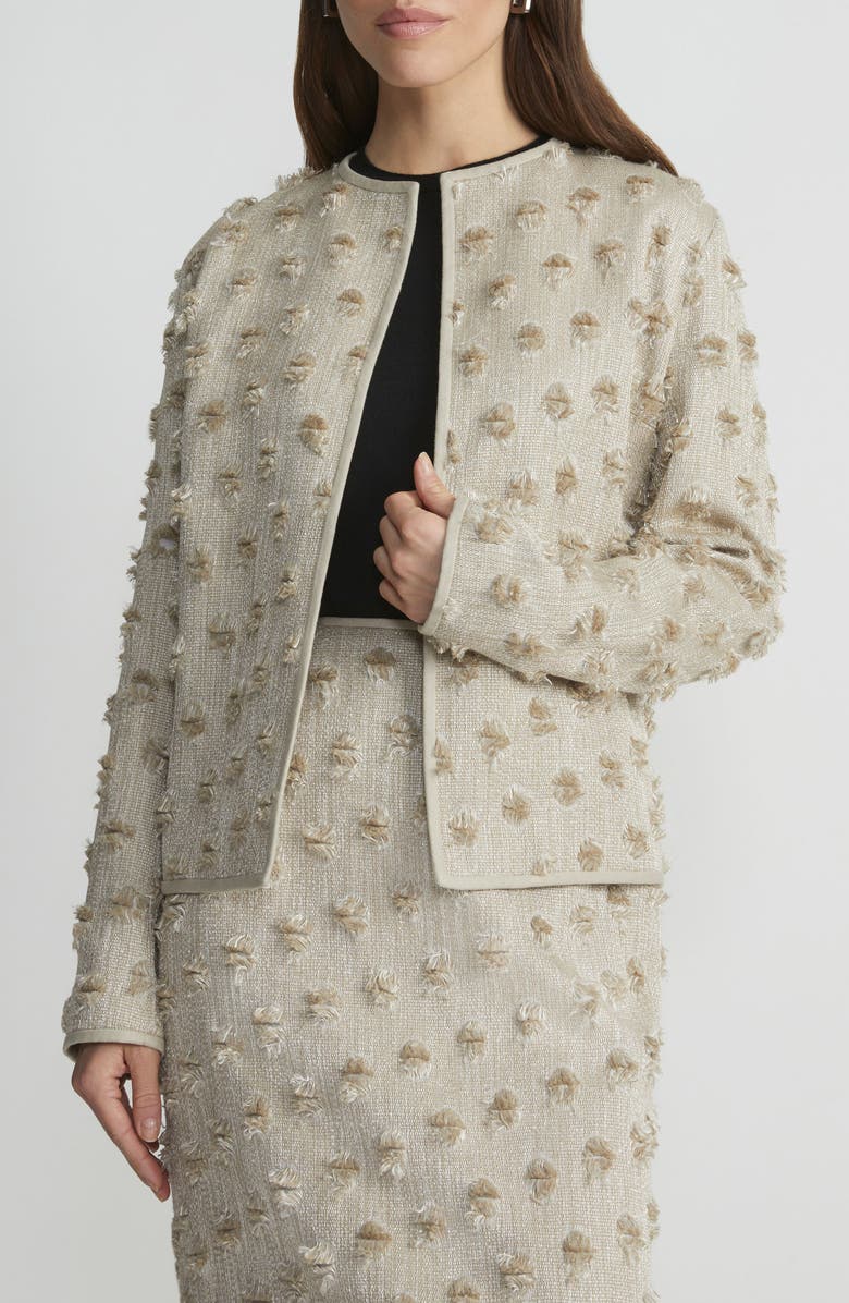 Lafayette 148 New York Clip Dot Jacquard Open Front Jacket, Main, color, Plaster Iridescent