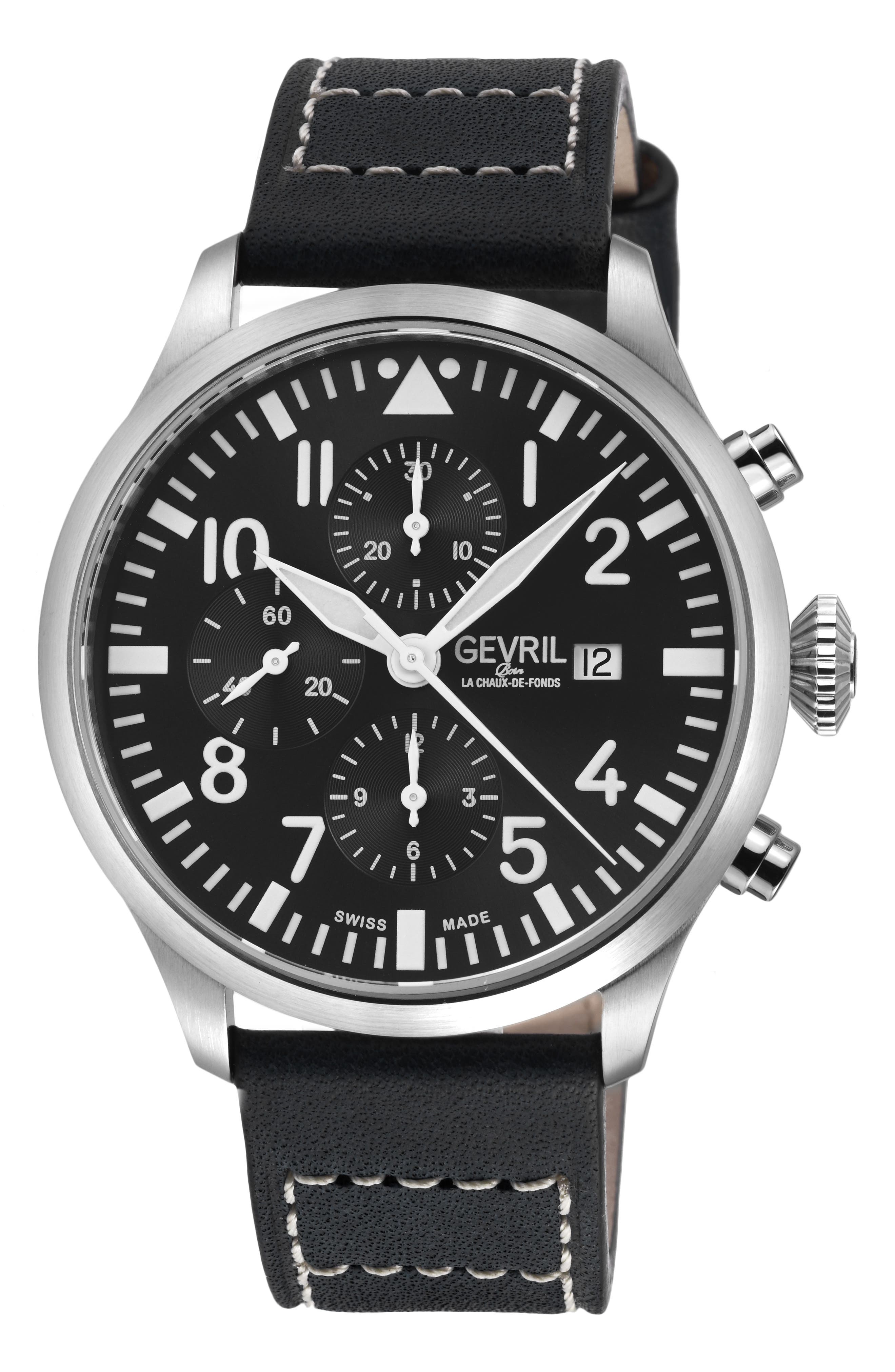 GEVRIL Vaughn Automatic Chronograph Leather Strap Watch, 44mm