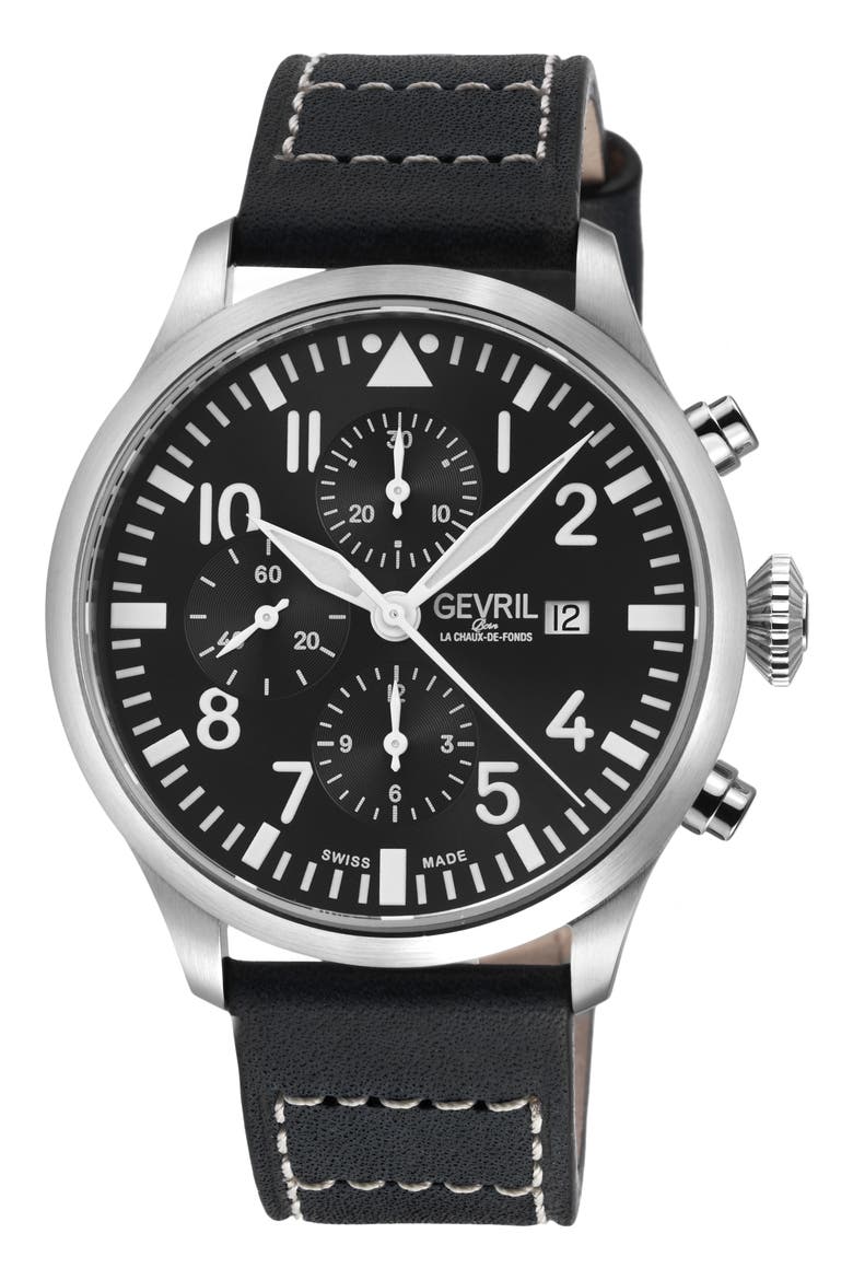 Vaughn Automatic Chronograph Leather Strap Watch, 44mm, Main, color, BLACK