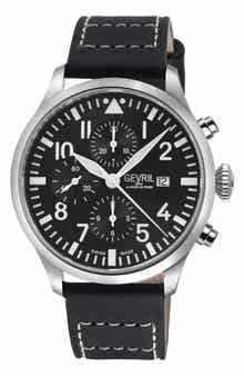 GEVRIL Vaughn Automatic Chronograph Leather Strap Watch, 44mm