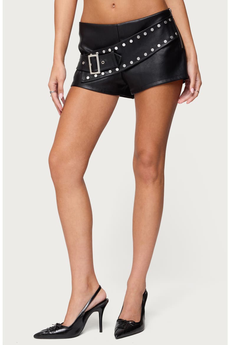 Studded Belt Faux Leather Micro Shorts, Main, color, BLACK