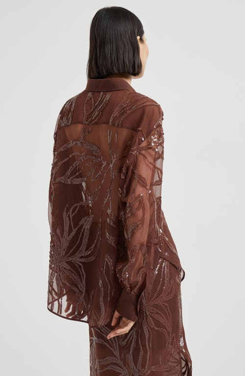 Brunello Cucinelli Burgundy Crispy Silk Dazzling Floral Embroidery Shirt In Brown