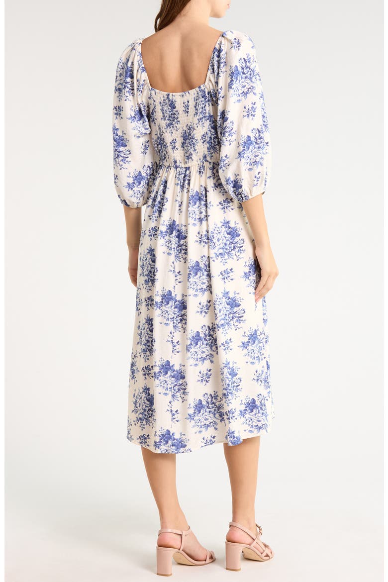 Floral Balloon Sleeve Fit & Flare Midi Dress, Alternate, color, IVORY/ BLUE