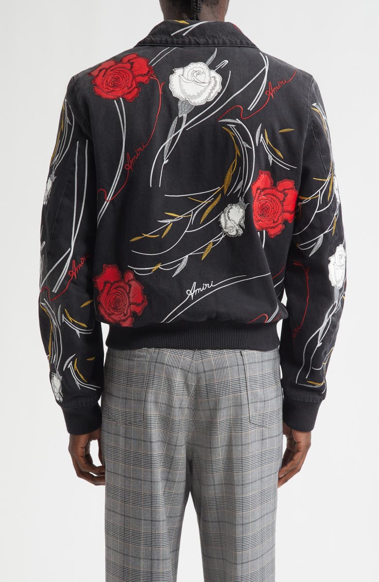 AMIRI Floral Embroidered Denim Blouson Jacket, Alternate, color, Dusk Black
