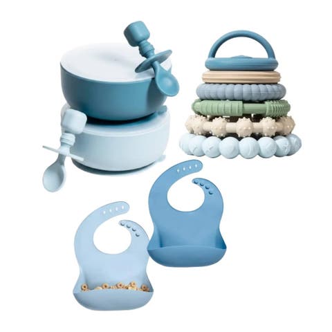 Silicone Suction Bowl Set with Lids and Spoons, Waterproof Bibs, Stacking Teether Toys, BPA Free Baby Shower Kit