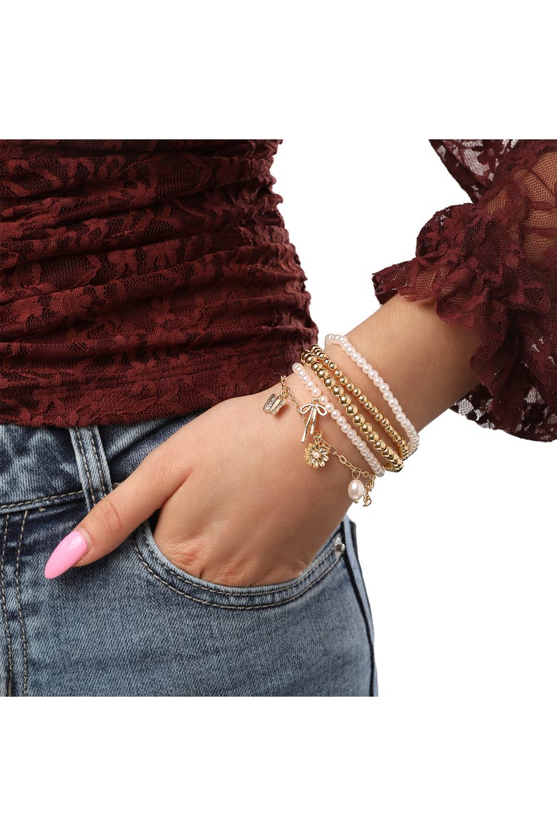 Stackable Beaded and Charm Bracelets for Women 5-Piece Set, Alternate, color, Gold-Tone