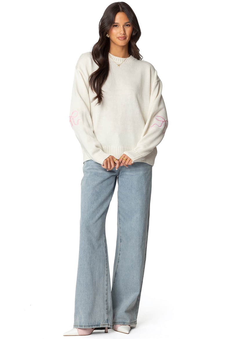 Rutie Bow Appliqué Crewneck Sweater, Alternate, color, WHITE