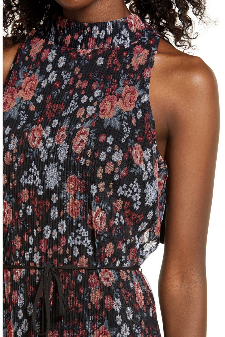 Floral Plissé Midi Dress, Alternate, color, BLACK MULTI