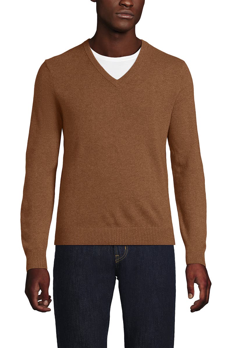 Lands' End Fine Gauge Cashmere V-neck Sweater, Main, color, Fresh Nutmeg Heather