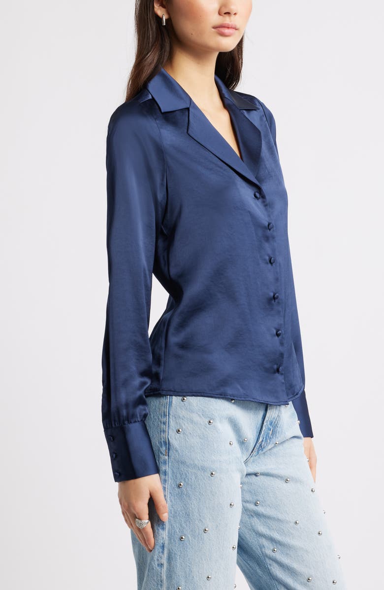 Open Edit Satin Button-Up Shirt, Alternate, color, Navy Iris