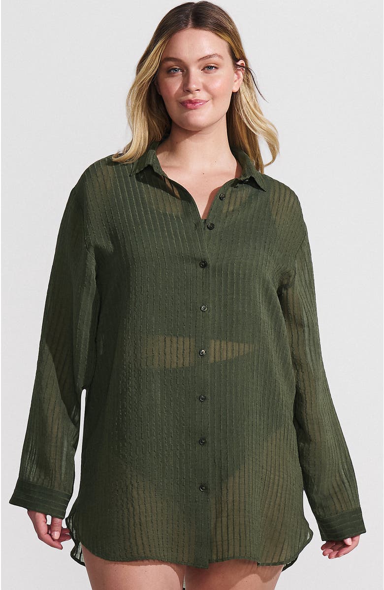 Lands' End Cotton Gauze Button Down Swim Cover-up Shirt Dress, Main, color, Rich Olive Green