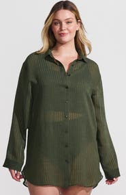 Lands' End Plus Size Rayon Rib Button Down Cover-Up