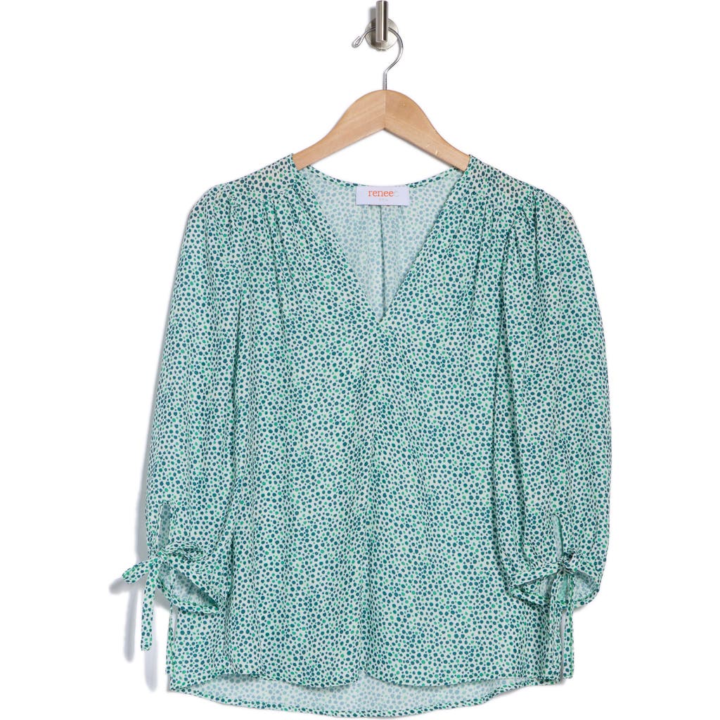 Renee C Dot V-neck Long Sleeve Top In Green