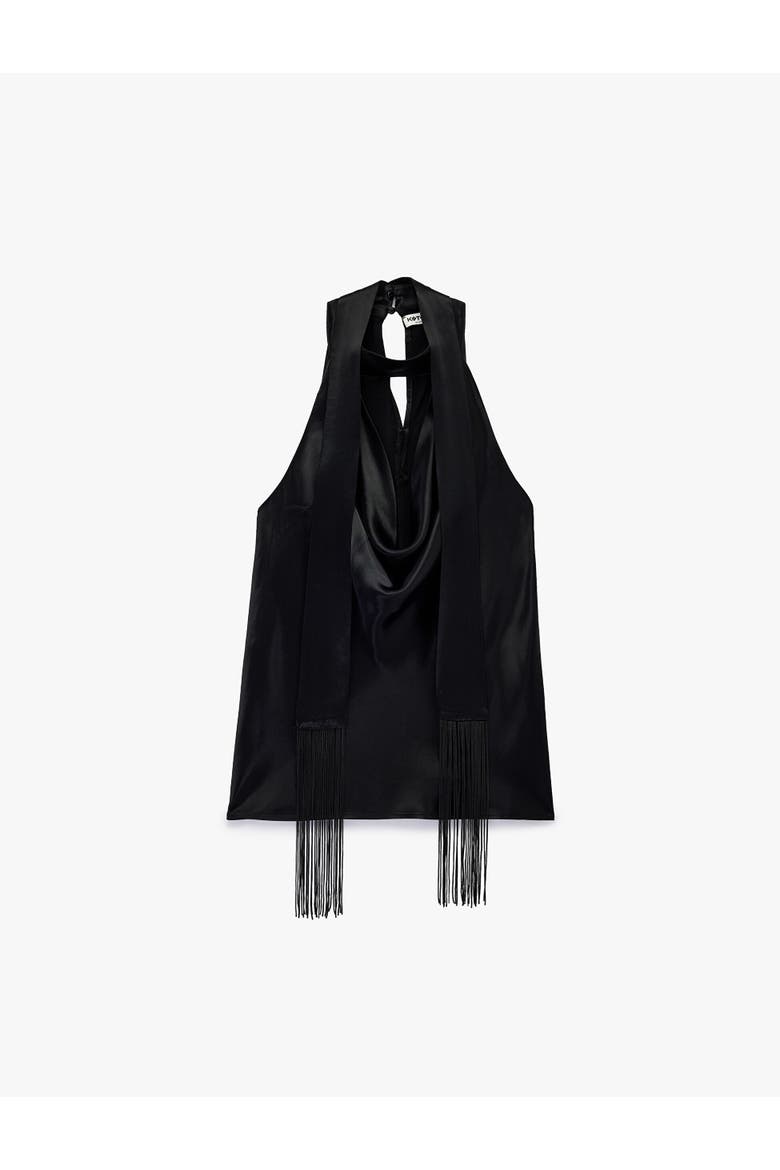 Satin Halter Top with Fringe Trim, Alternate, color, BLACK