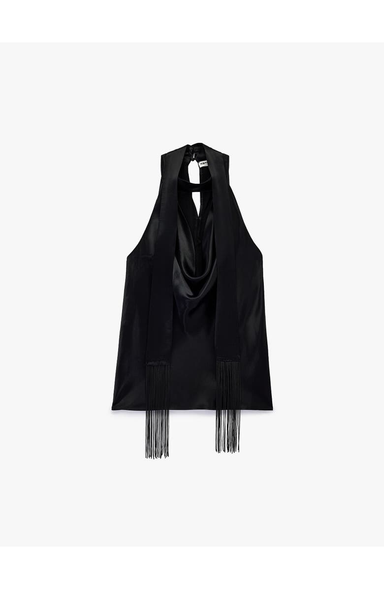 Koton Satin Halter Top with Fringe Trim, Alternate, color, Black