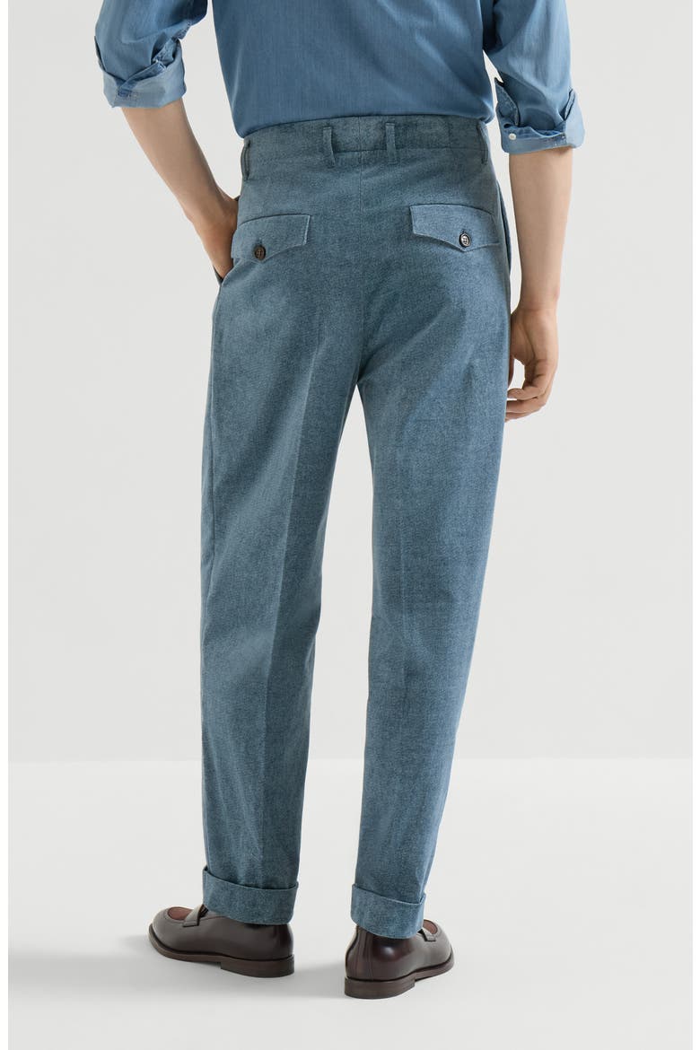 Denim-effect cotton velvet trousers with double pleats, Alternate, color, Cerulean