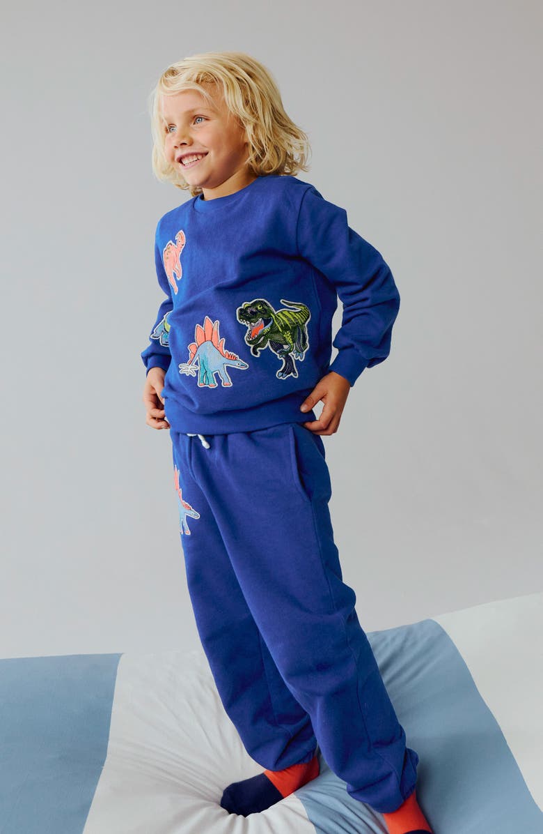 Mini Boden Kids' Dino Appliqué Cotton Graphic Sweathirt, Alternate, color, Mazarine Blue Dinos
