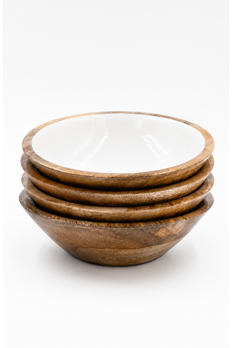 Wood + White Collection Mango Wood, Set of 4 Serving Bowls, 7", Main, color, White, Brown