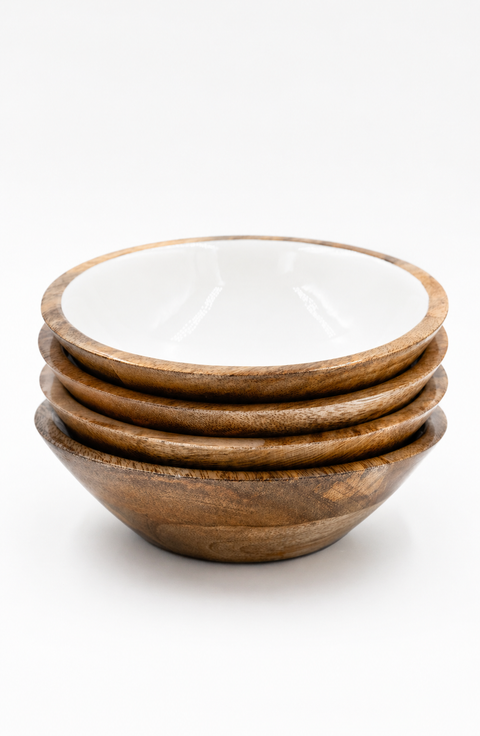 Wood + White Collection Mango Wood, Set of 4 Serving Bowls, 7"