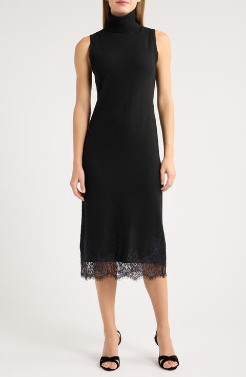 Lace Hem Mock Neck Sweater Dress