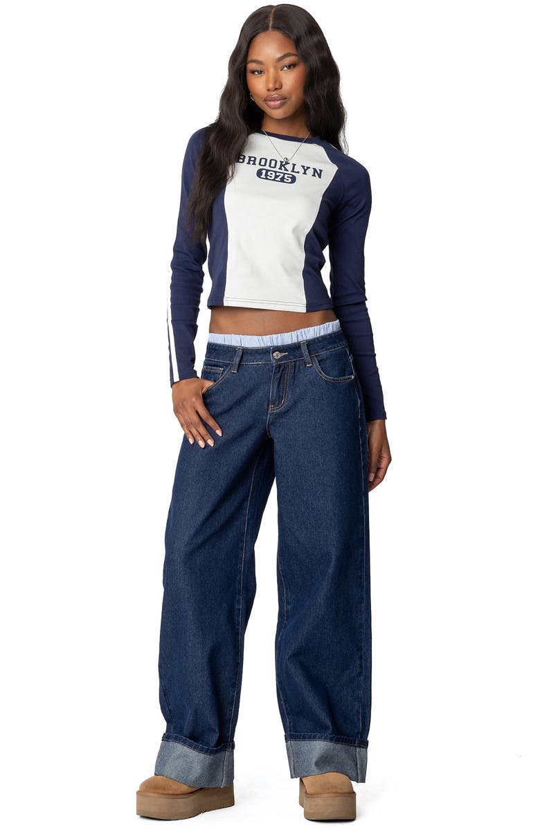 EDIKTED Boxer Detail Low Rise Cuffed Wide Leg Jeans, Alternate, color, Dark-Blue