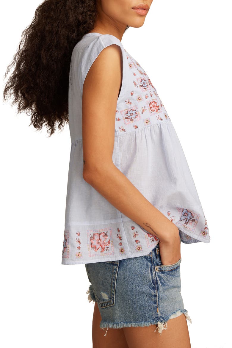 Embroidered Short Sleeve Cotton Peasant Top, Alternate, color, BLUE STRIPE