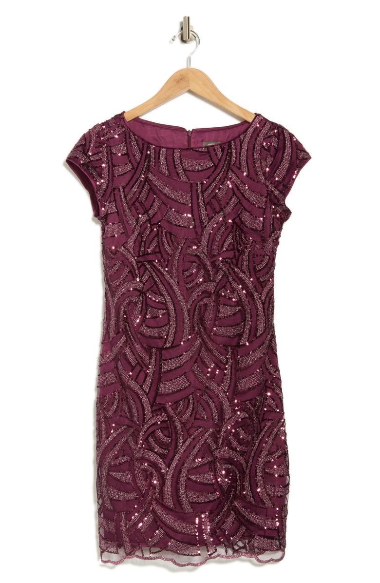 Vince Camuto Embellished Cap Sleeve Sheath Dress, Alternate, color, Plum