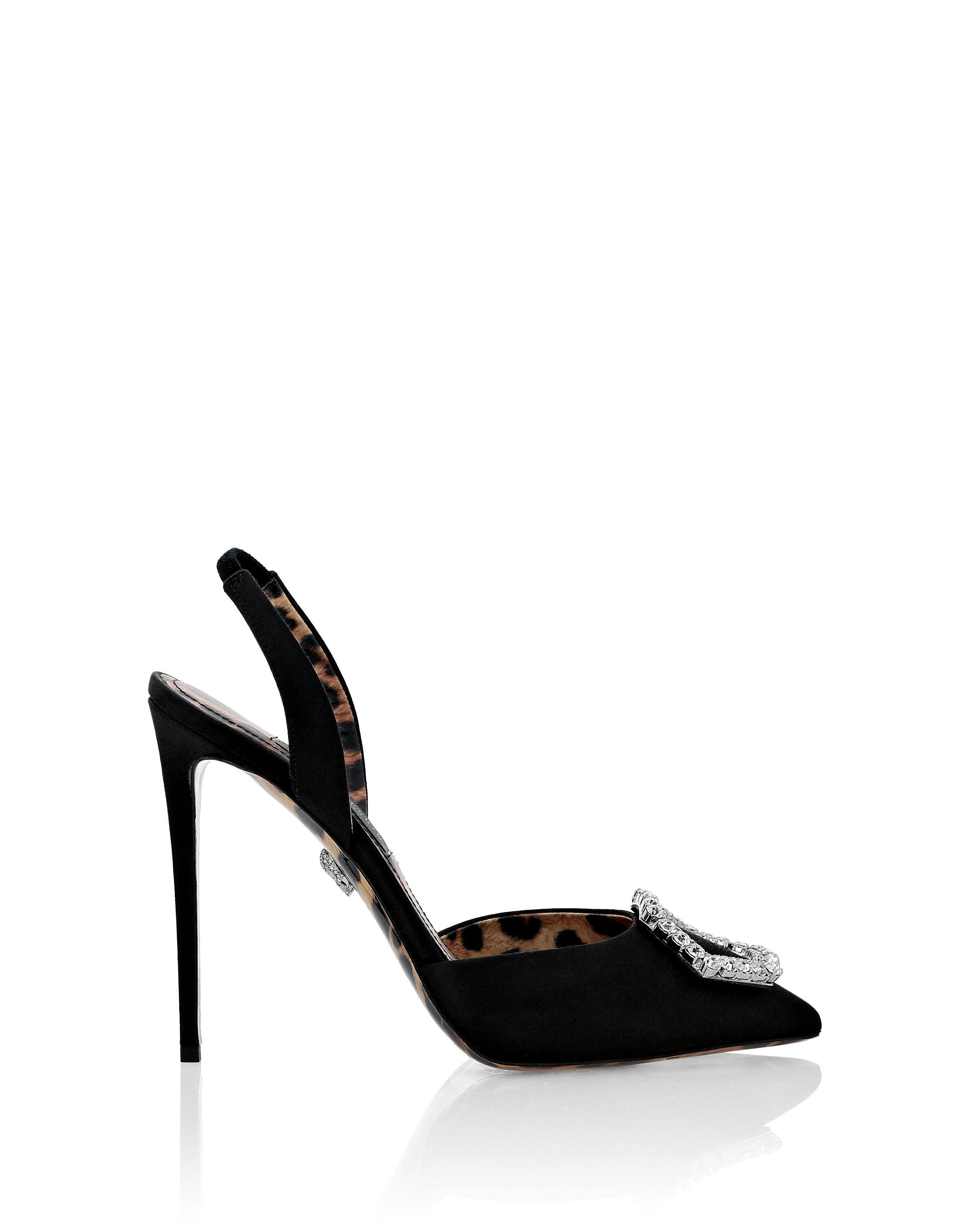 Satin Decollete Slingback Hi-Heels Crystal Hexagon Women, Alternate, color, black