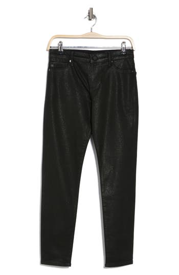 Ag The Farrah High Rise Ankle Skinny Leather Panel Denim Pants In Luminous Dk Armory Green