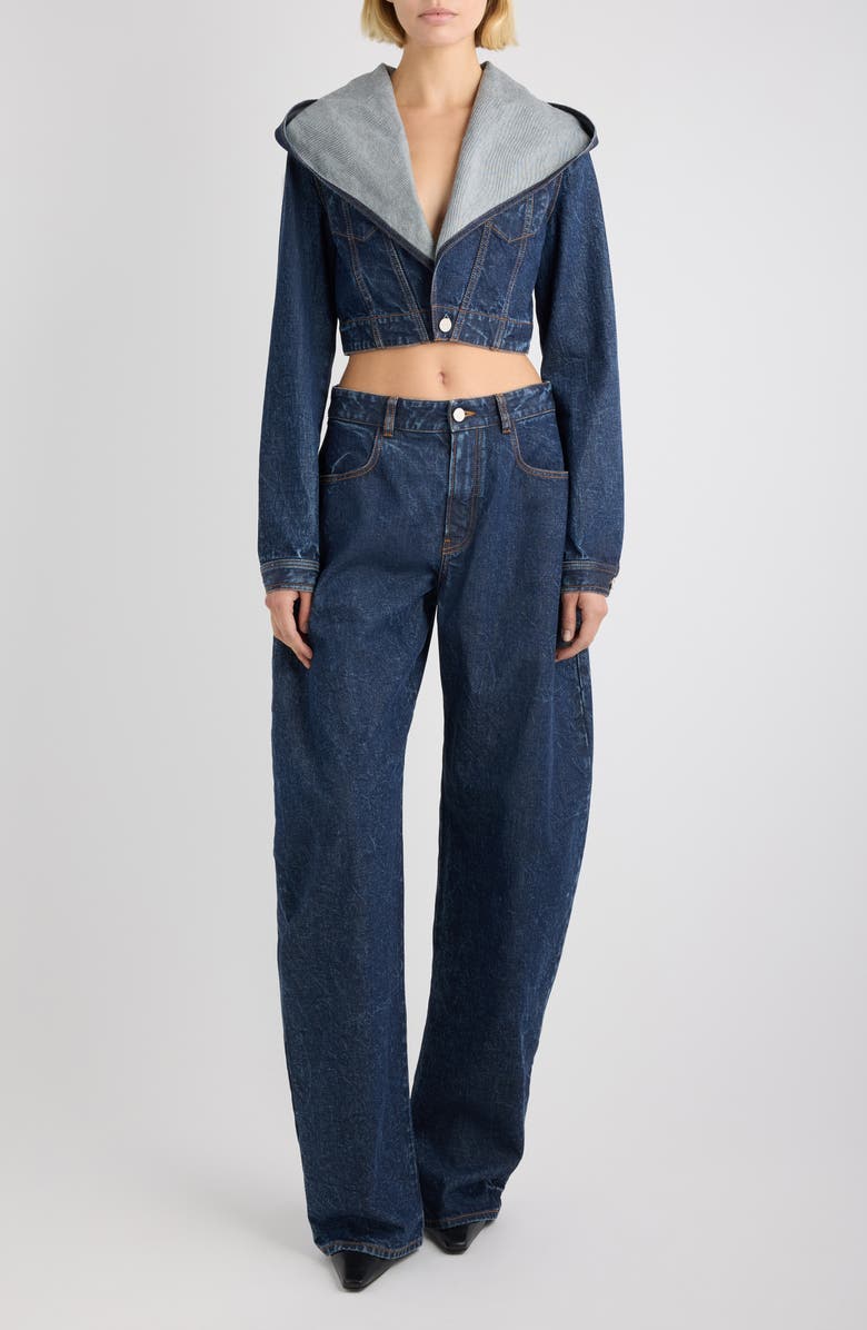 Alaïa Hooded Crop Denim Jacket, Alternate, color, Dock Blue