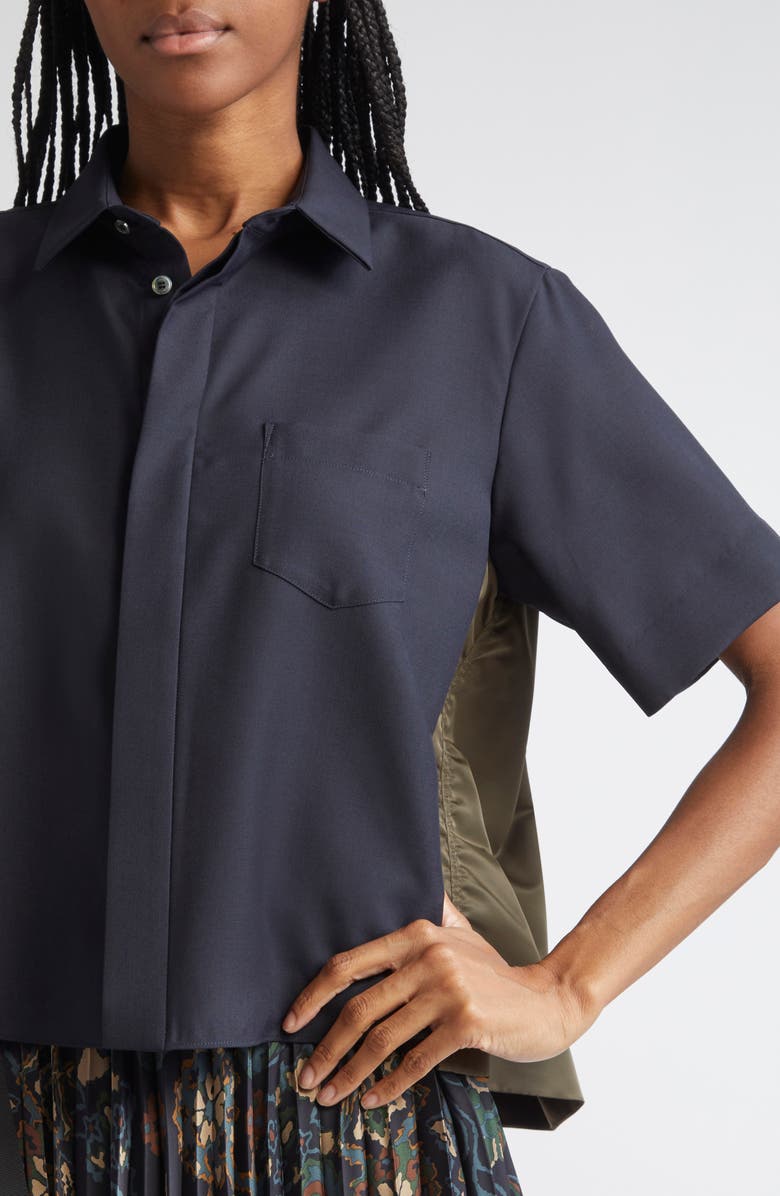 Sacai Suiting Fabric Mix Button-Up Camp Shirt, Alternate, color, Navy/ Dark Khaki