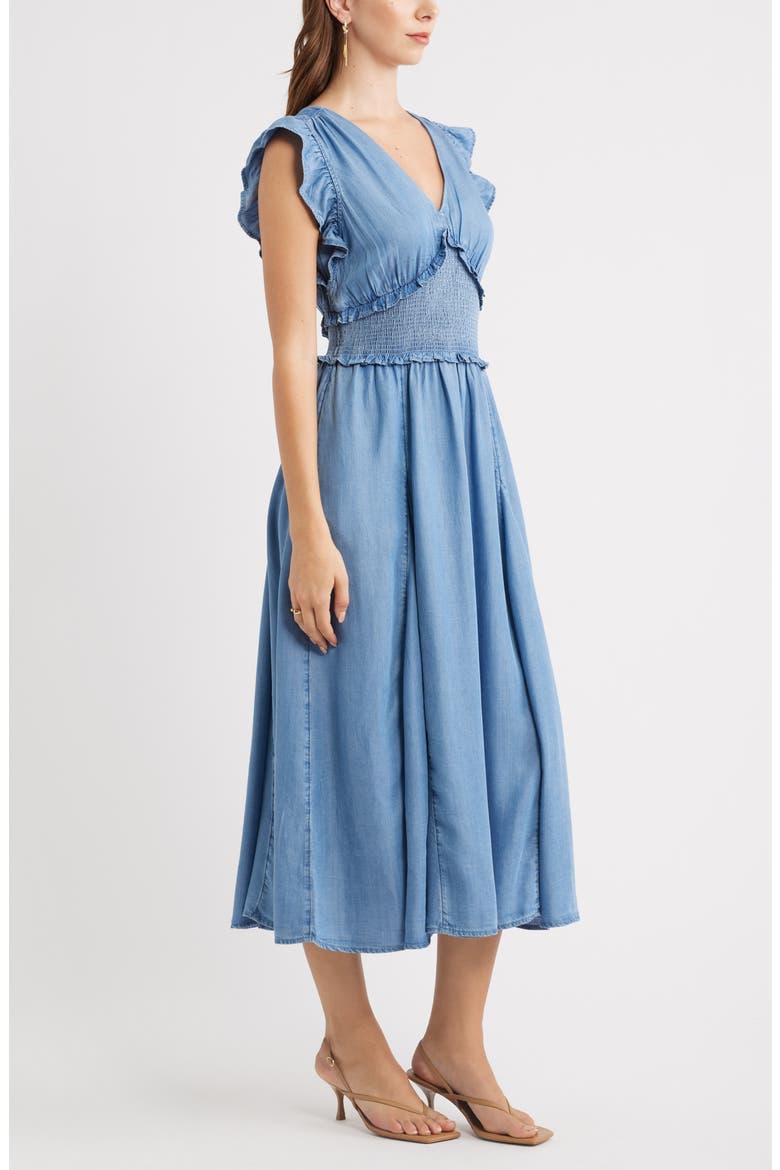 Smocked Chambray Midi Dress, Alternate, color, MEDIUM WASH