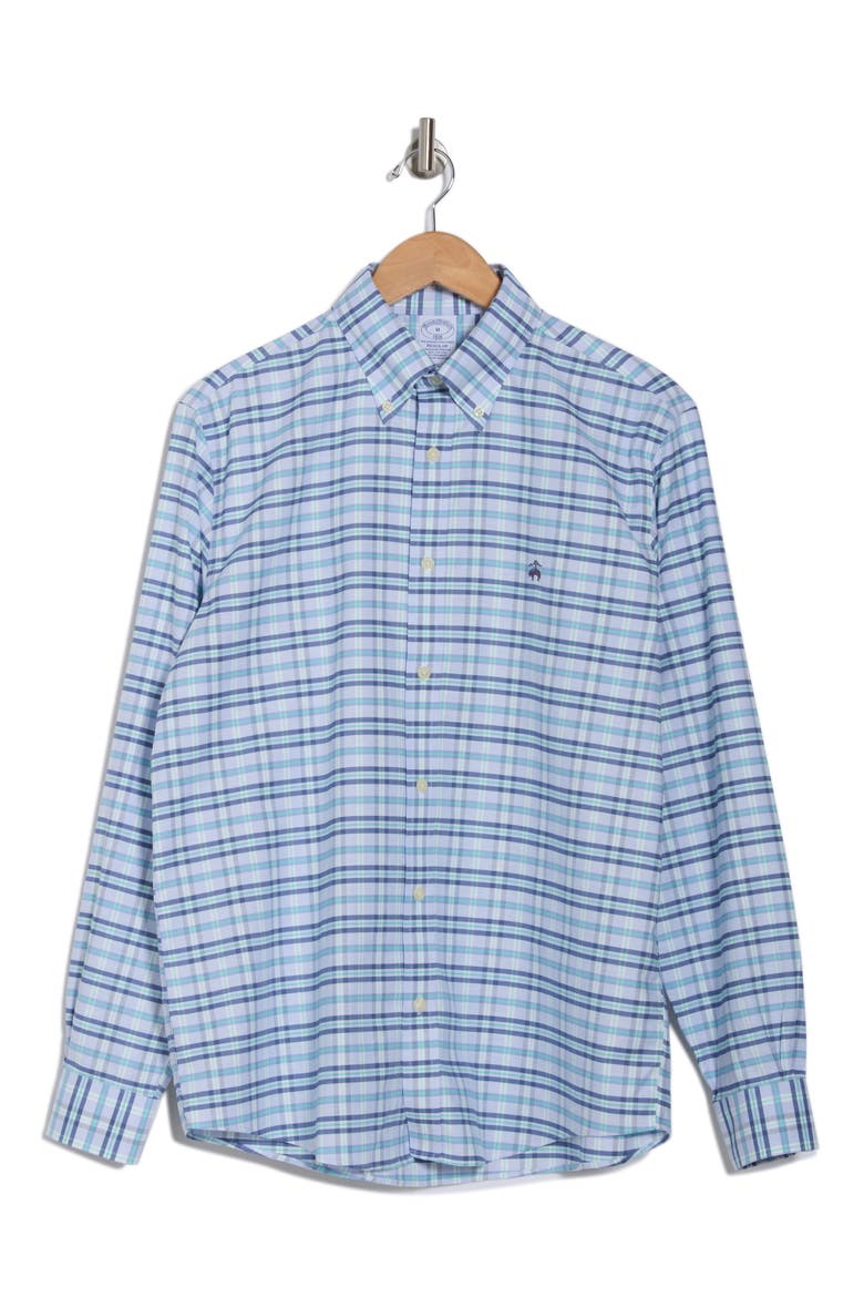 Non-Iron Plaid Cotton Stretch Oxford Button-Down Shirt, Alternate, color, HYDRANGA