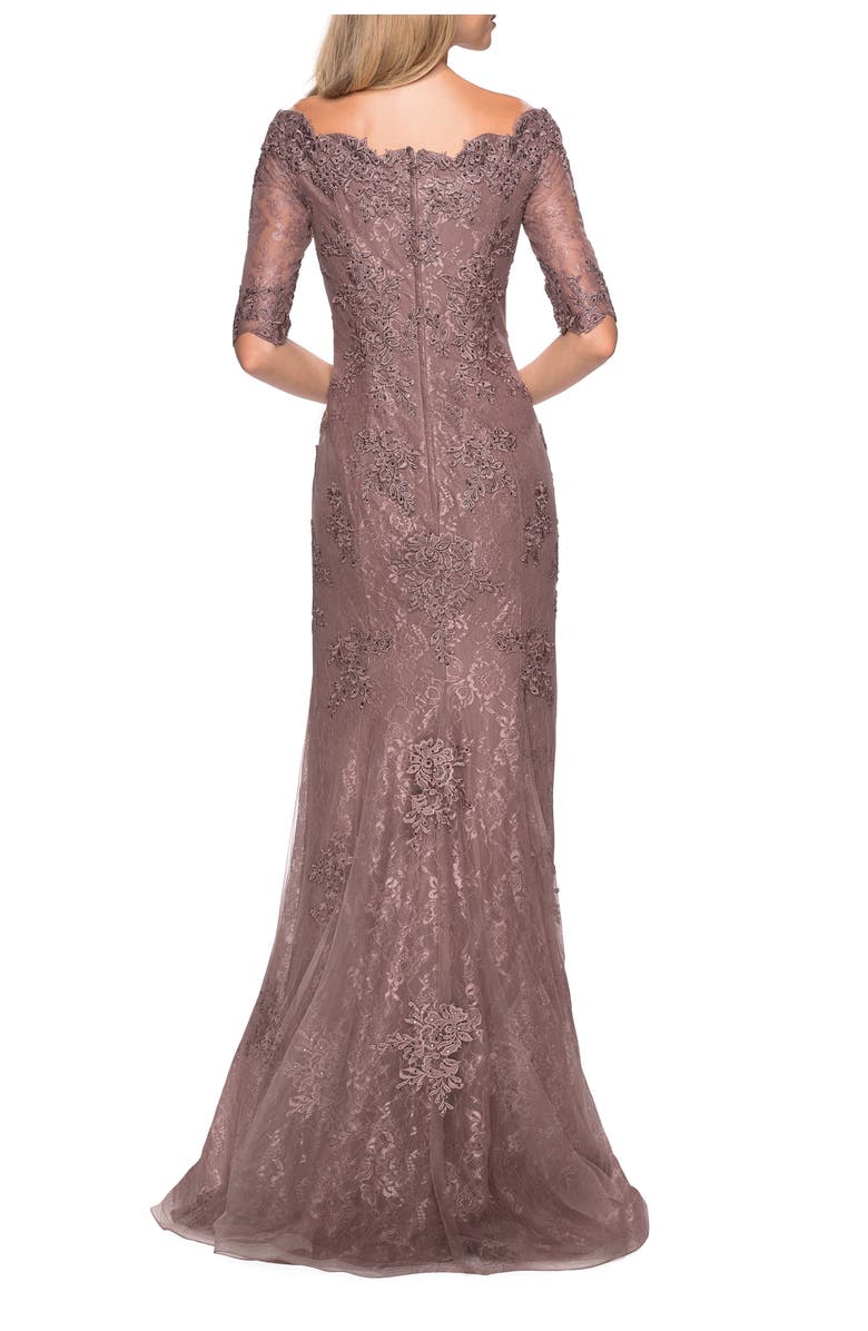 La Femme Floor Length Lace Dress with Rhinestone Accents, Alternate, color, Cocoa