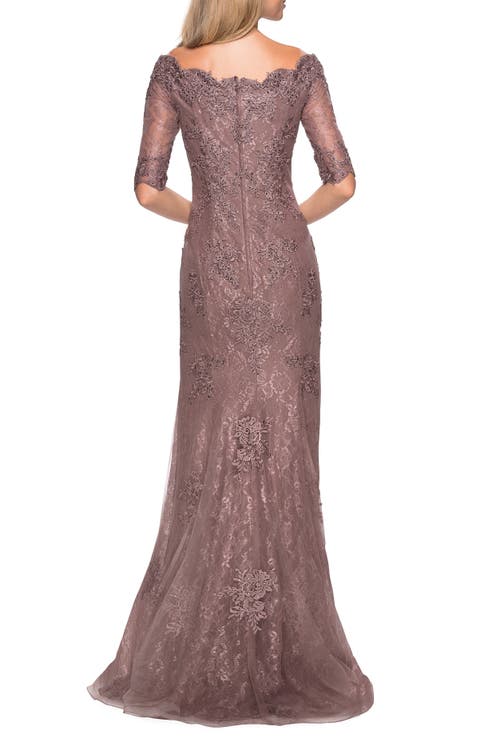 La Femme Floor Length Lace Dress With Rhinestone Accents In Cocoa