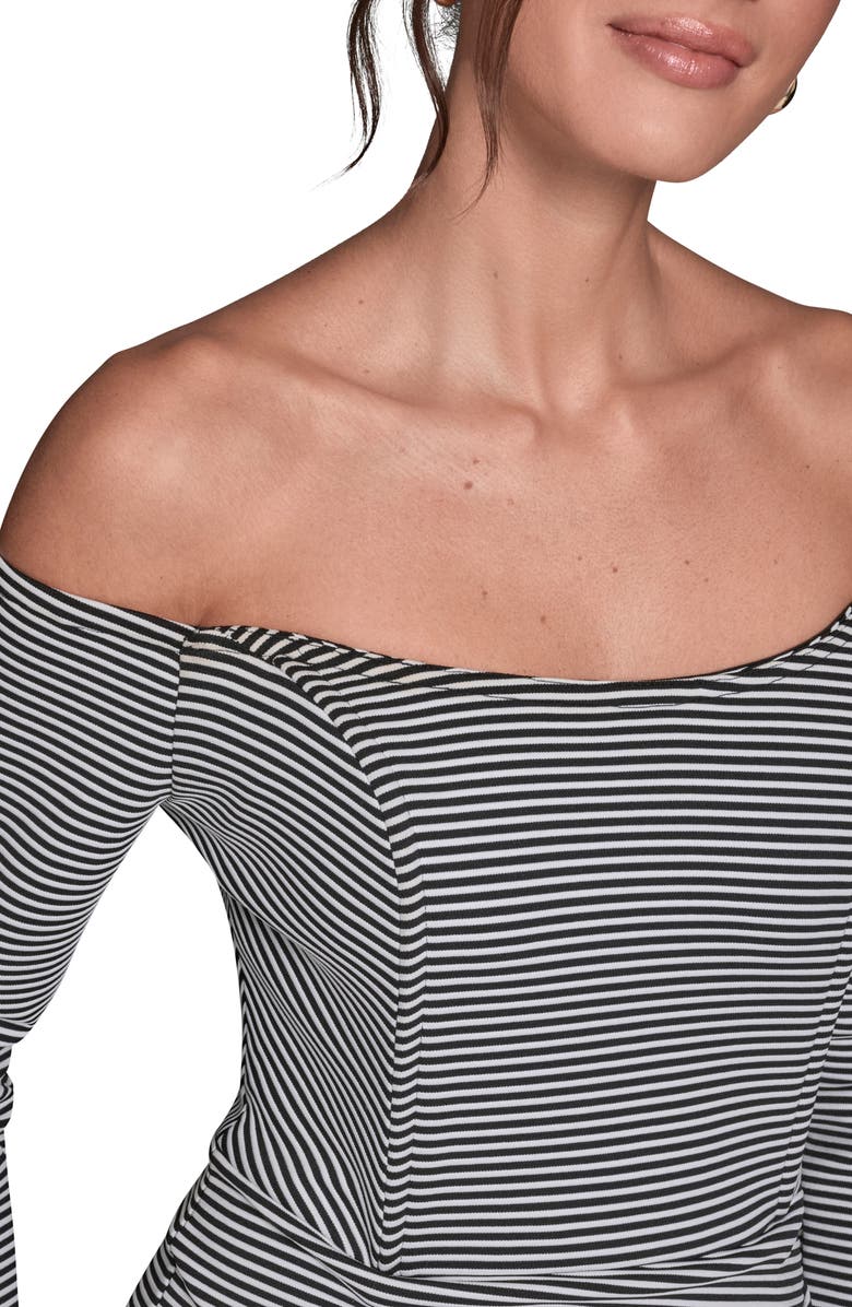 BCBG Stripe Off the Shoulder Sheath Dress, Alternate, color, Black Cream