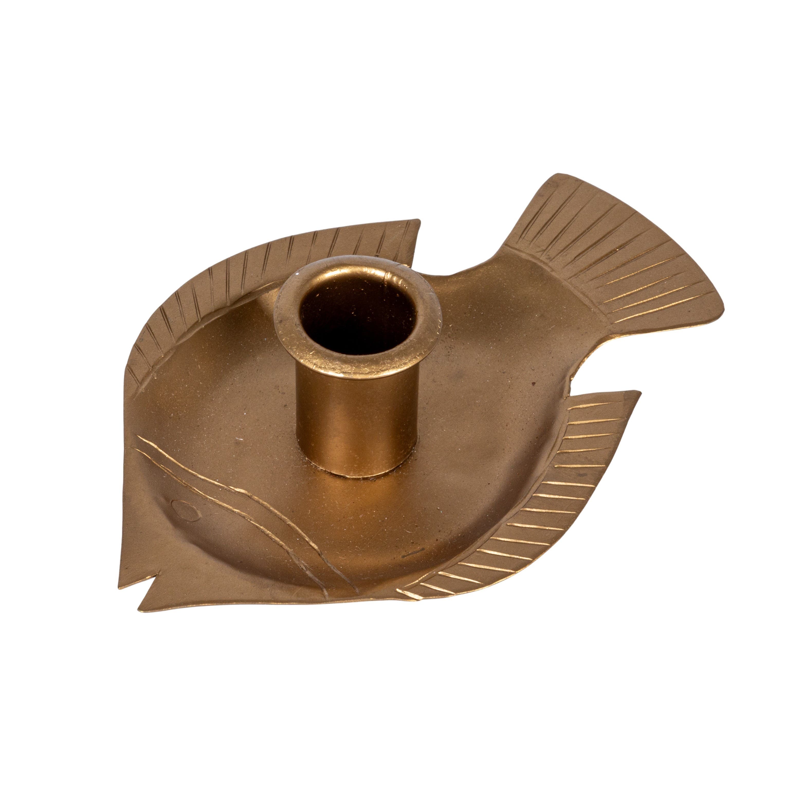 Storied Home Taper Holder With Embossed Fish Shaped Tray, Antique Gold Finish