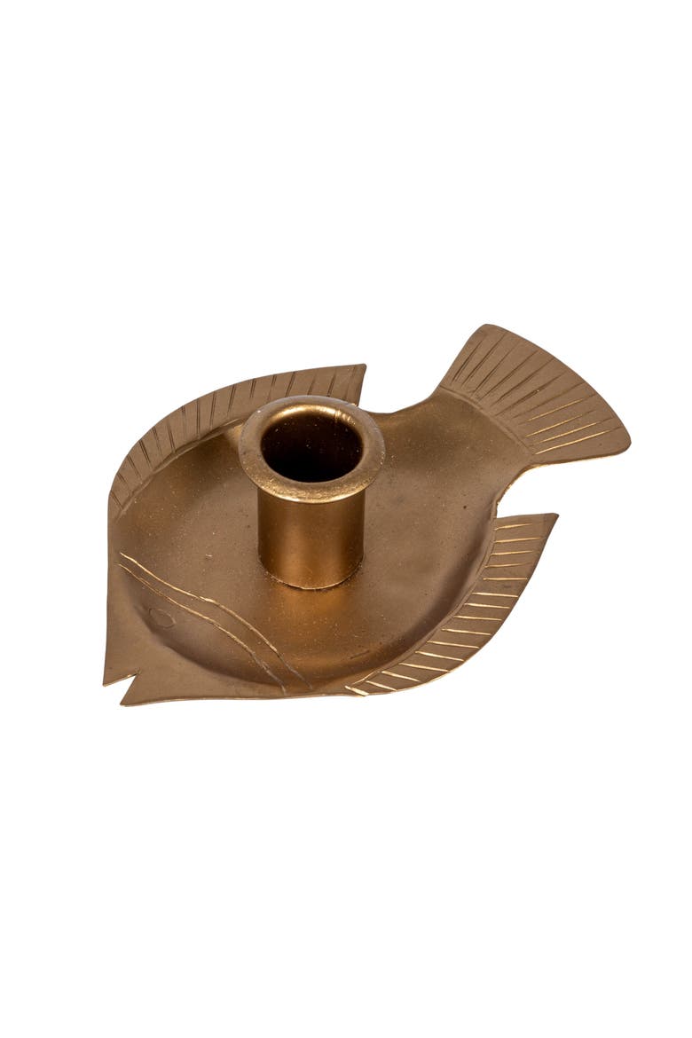 Taper Holder with Embossed Fish Shaped Tray, Antique Gold Finish, Main, color, Gold