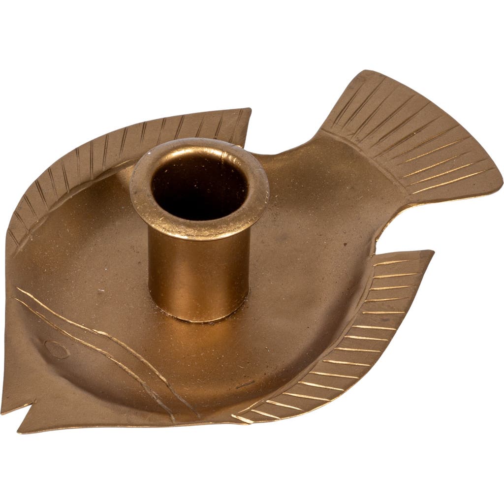 Storied Home Taper Holder With Embossed Fish Shaped Tray, Antique Gold Finish