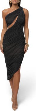 JLUXLABEL Aura Shimmer One Shoulder Ruched Midi Dress