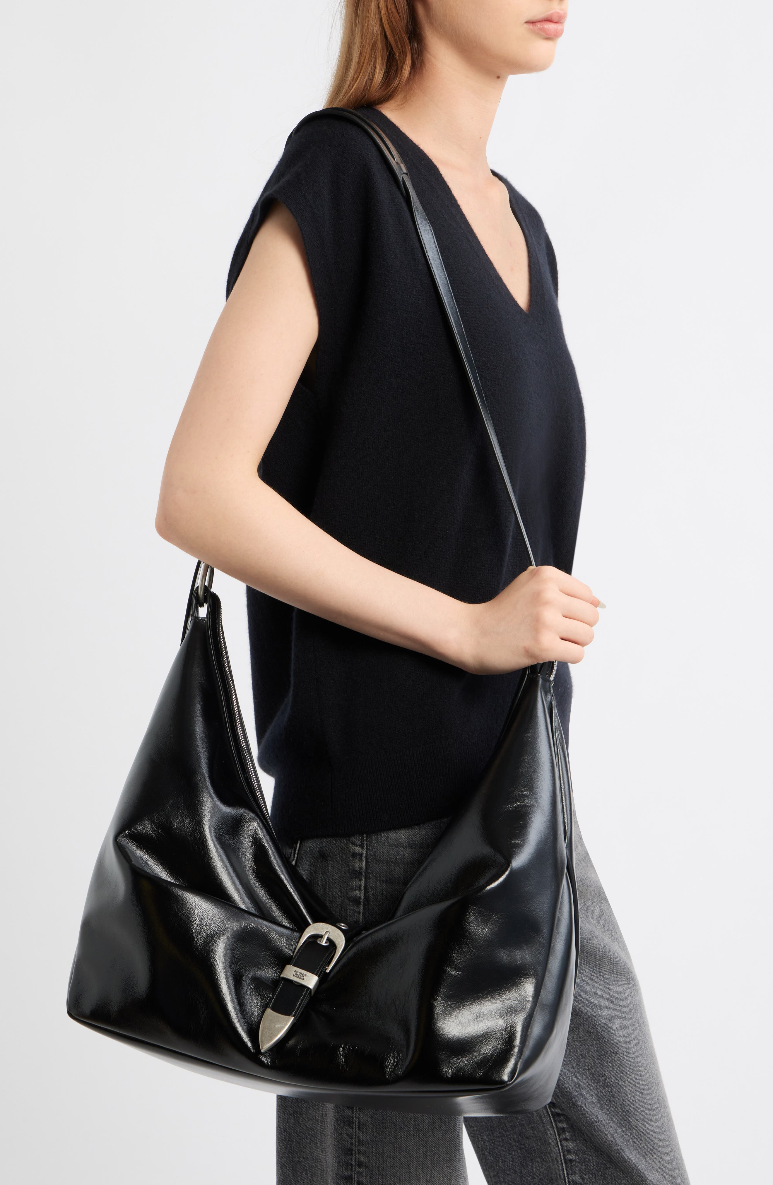 Belted Leather Hobo Bag, Alternate, color, BLACK GLOSSY PLAIN