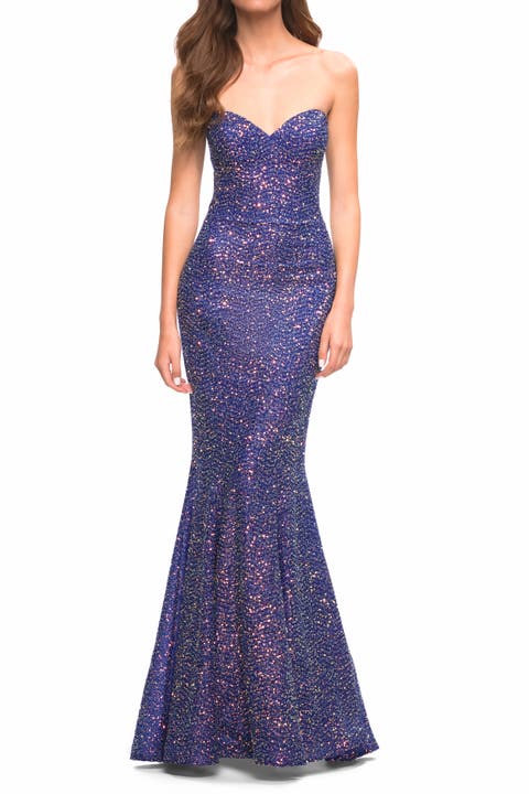Unique Long Sequin Strapless Gown with Sweetheart Top