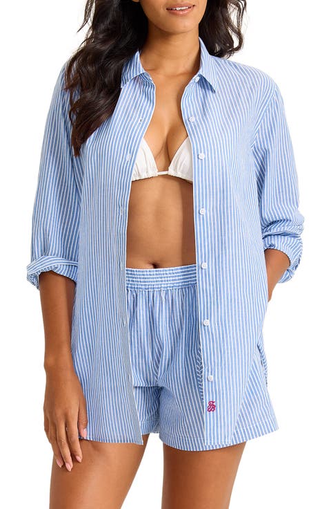 Sun, Sea, Spritz Embroidered Stripe Cover-Up Shirt