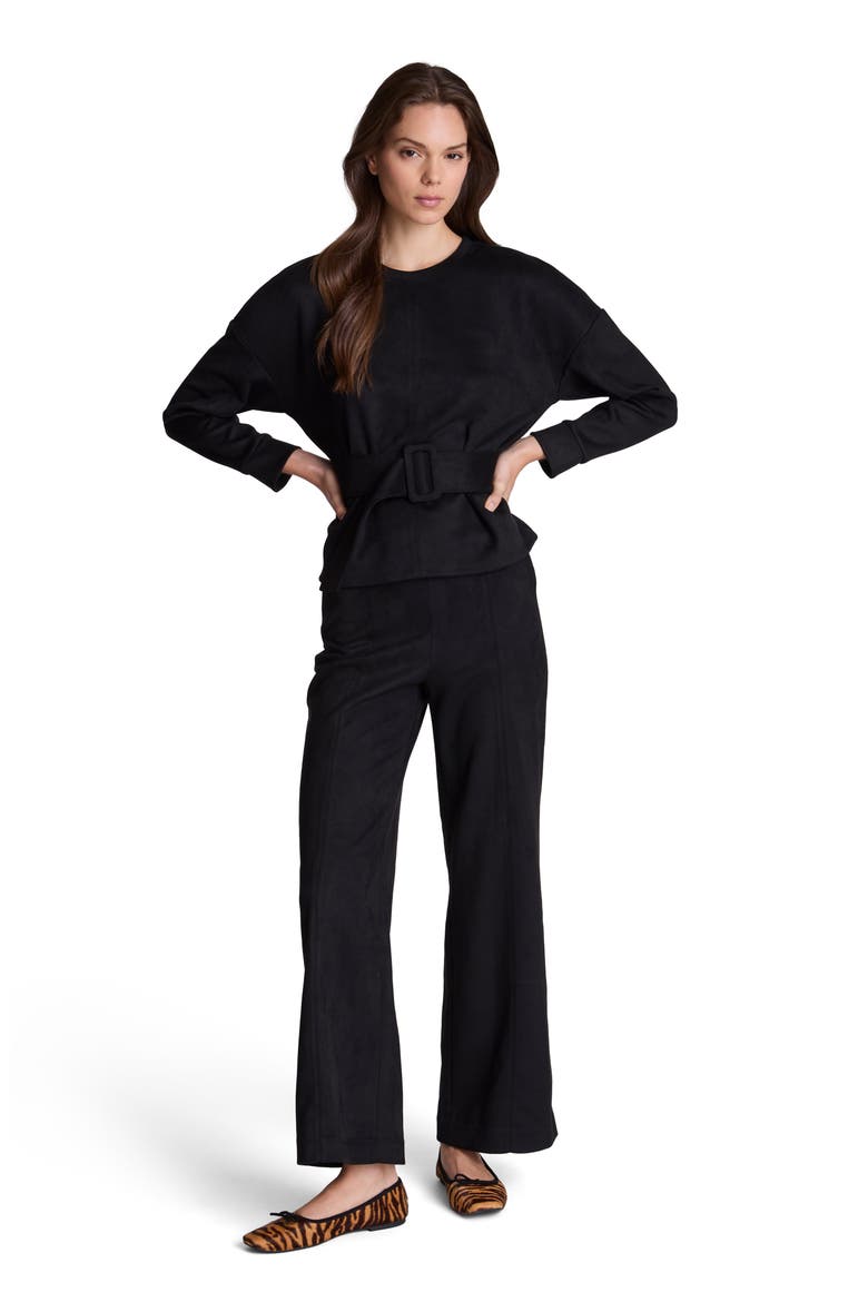 Belted Long Sleeve Crewneck Top, Alternate, color, BLACK