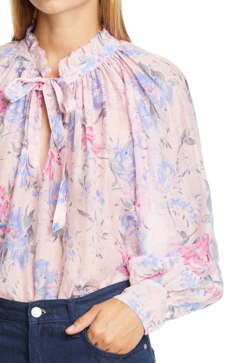 LoveShackFancy Willow Floral Print Tie Neck Top, Alternate, color, 