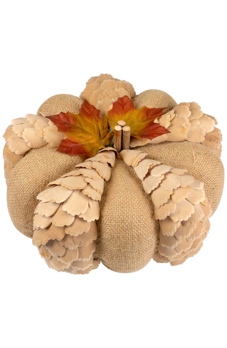Northlight Burlap and Wooden Petals Pumpkin Fall Harvest Decoration - 10" - Beige, Alternate, color, 