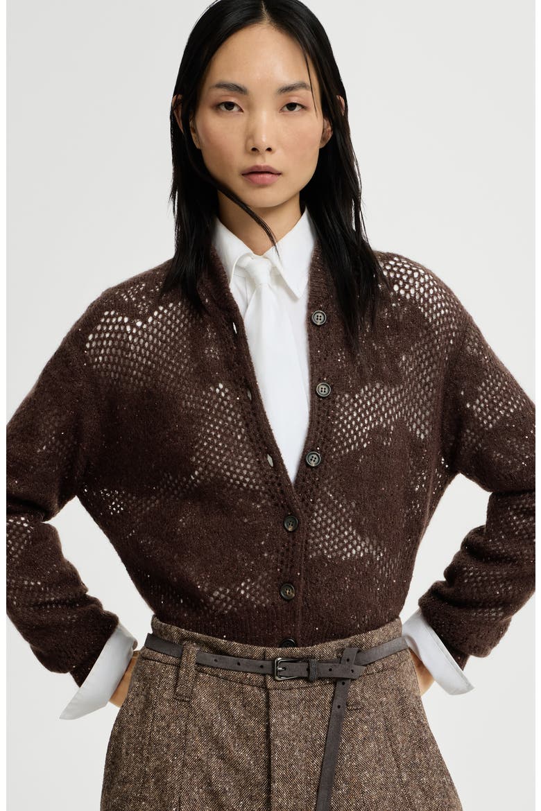 Lace flowers cardigan in sparkling mohair and virgin wool, Alternate, color, Brown